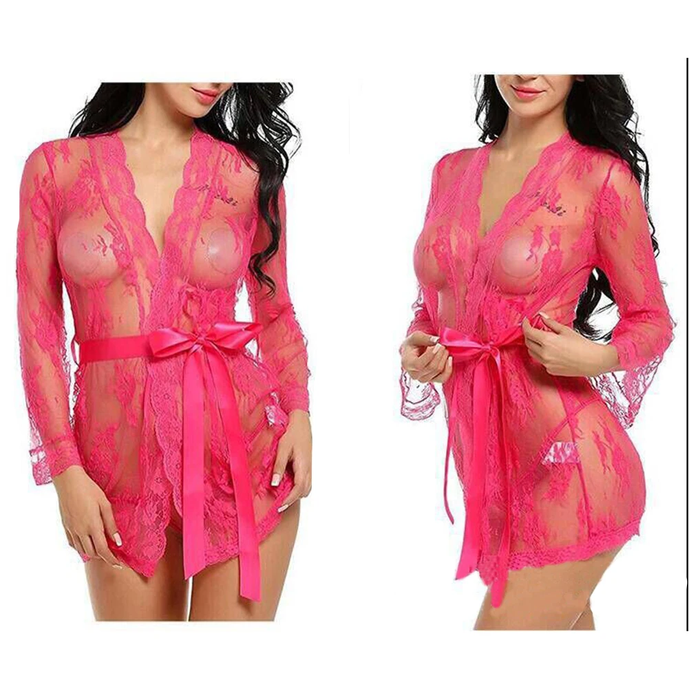 Женская сексуальная Шелковая пижама Babydoll, Кружевная Сетка, перспективный халат, длинный рукав, v-образный вырез, сплошной цвет, простой тонкий пояс, сексуальная пижама