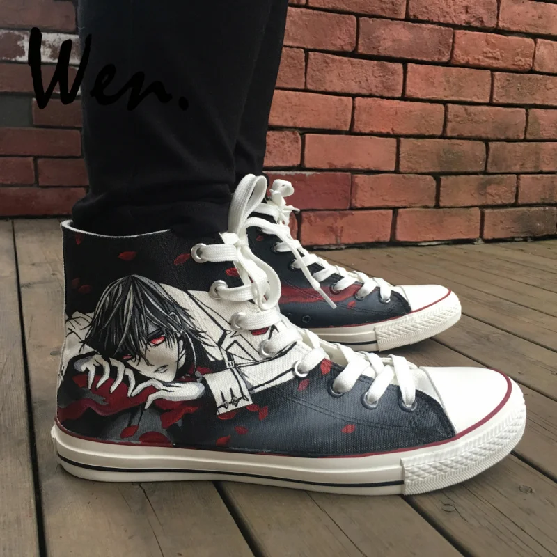 

Wen Custom Hand Painted Skateboard Sneakers Anime Vampire Knight Kuran Kaname High Top Canvas Shoes for Boys Girls Gifts