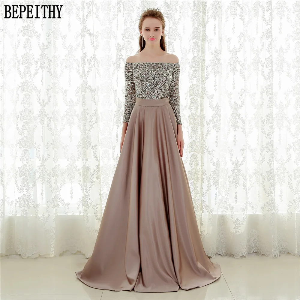 BEPEITHY Robe De Soiree с открытыми плечами три четверти рукав бисером Vestido Longo вечернее платье длинное