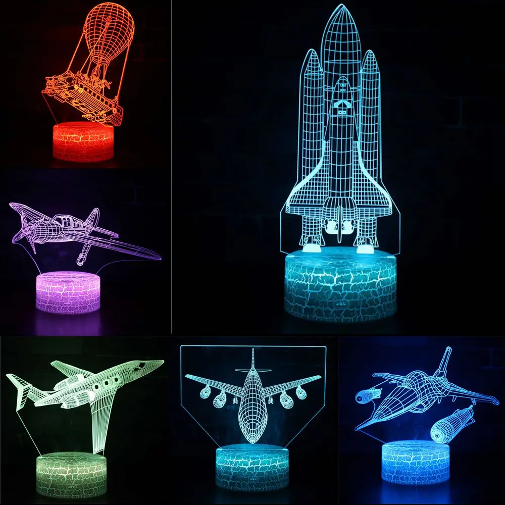 Красочный космический корабль самолет ракета LED 3D Иллюзия визуальный ночник Творческий Спальня украшения свет Новинка Настольная лампа Дети подарок
