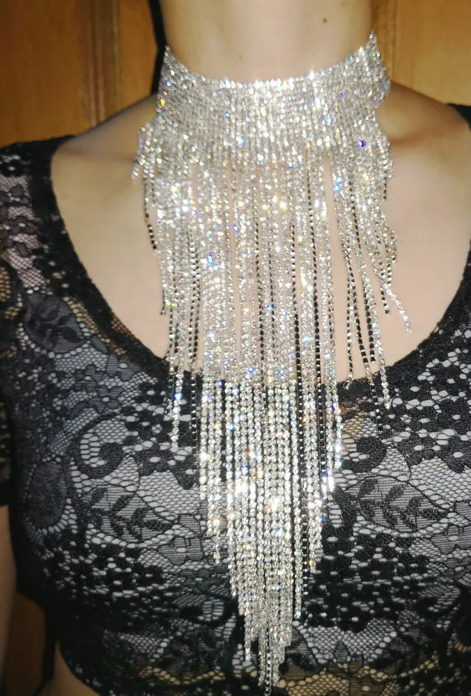 Женский горный хрусталь кристалл бахрома Чокеры Шарф Ожерелье Bling Свадебные украшения для танца живота аксессуары для танцев