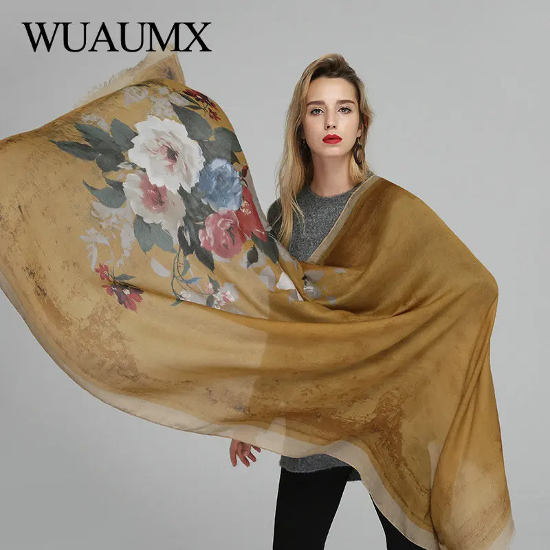 Wuaumx осень зима шарф Для женщин Цветочный принт хиджаб Тонкие шарфы женский