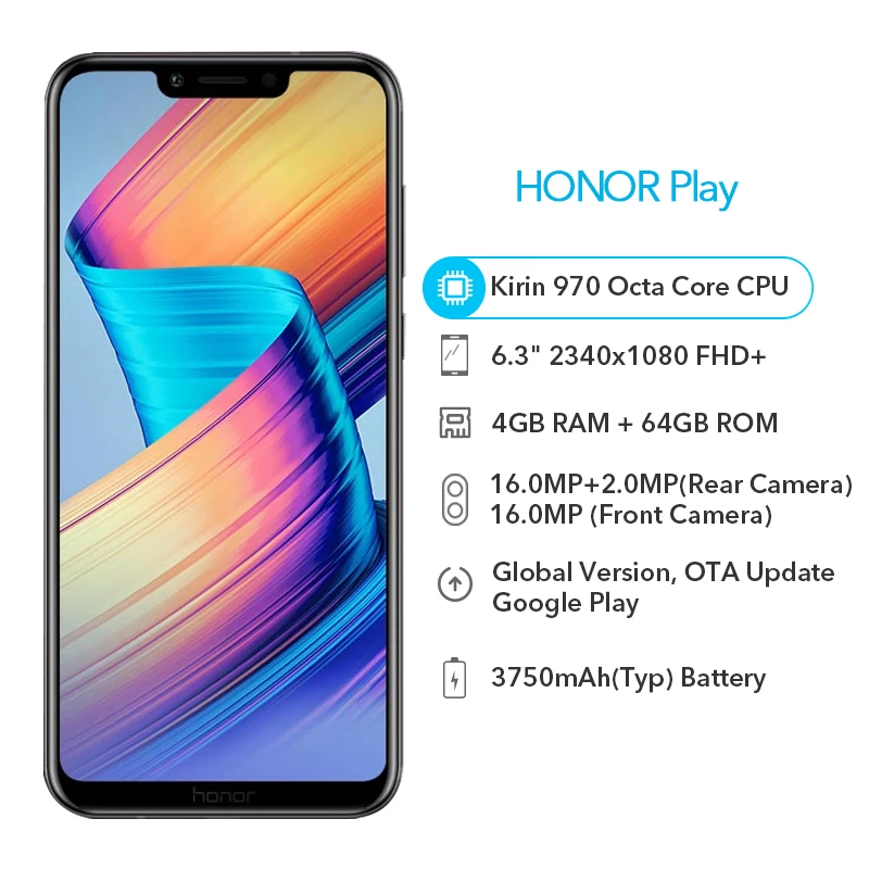 Huawei Honor Play глобальная версия 4 Гб 64 6 3 дюймов Kirin 970 Octa Core NPU Andorid 8 1 AI камера тип-c NFC