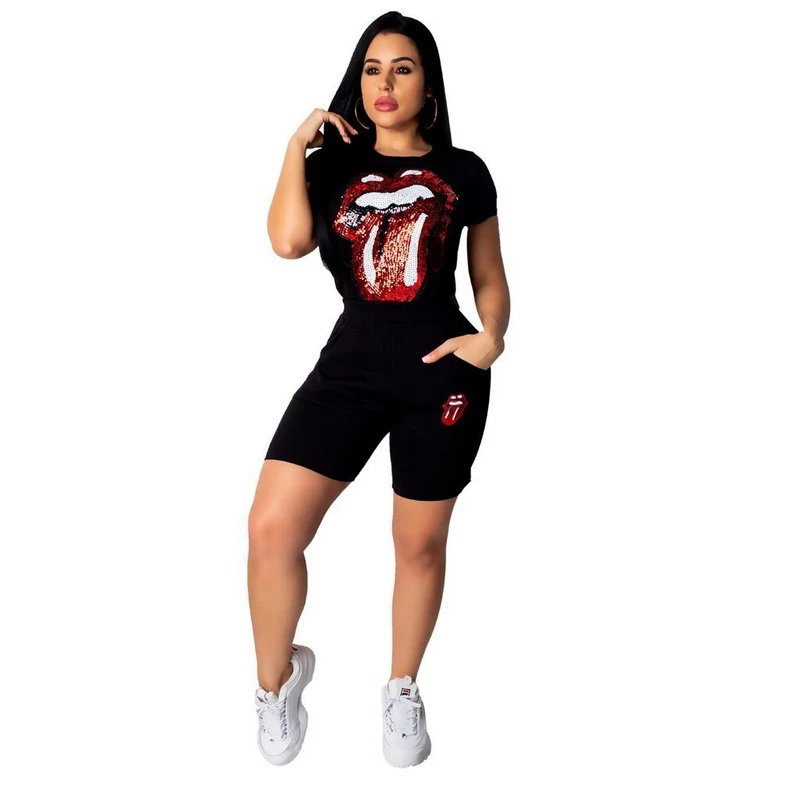 2019 Summer Style Red Big Lips Sequins Beaded Two Piece Set Women's Sexy Casual Outfits Glitter Bodysuit Sparkly Playsuits | Женская