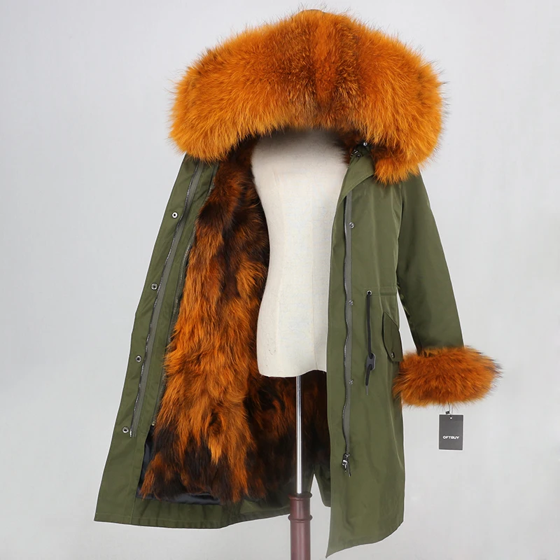 green orange X-long парка, водонепроницаемая ткань, зимняя куртка, Женское пальто из натурального меха, натуральный мех енота, воротник, капюшон, манжеты, Лисий мех, подкладка, съемная - Цвет: green orange