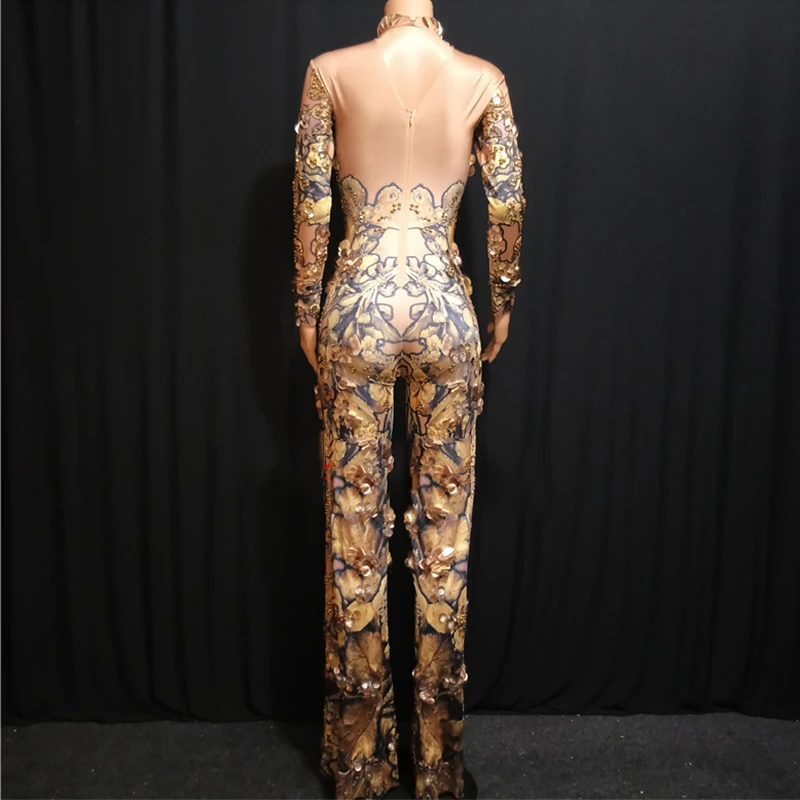 

2019 Fashion Gold Rhinestones Sequins Rompers Jumpsuit Female Singer Dancer Long Pants Costume Bodysuit Birthday Oufit DN2991