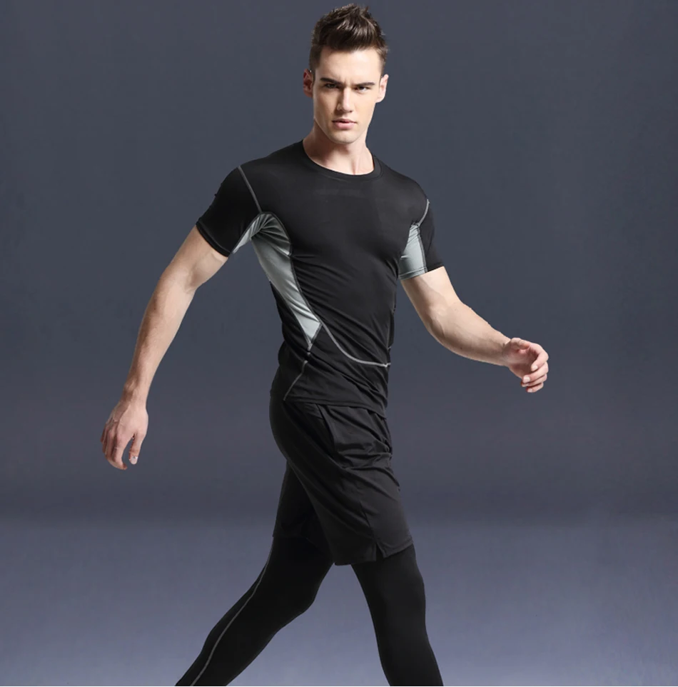 Мужской спортивный костюм, компрессионное нижнее белье, одежда для бега и бега, футболка, штаны для тренажерного зала, фитнеса, тренировок, трико, костюм