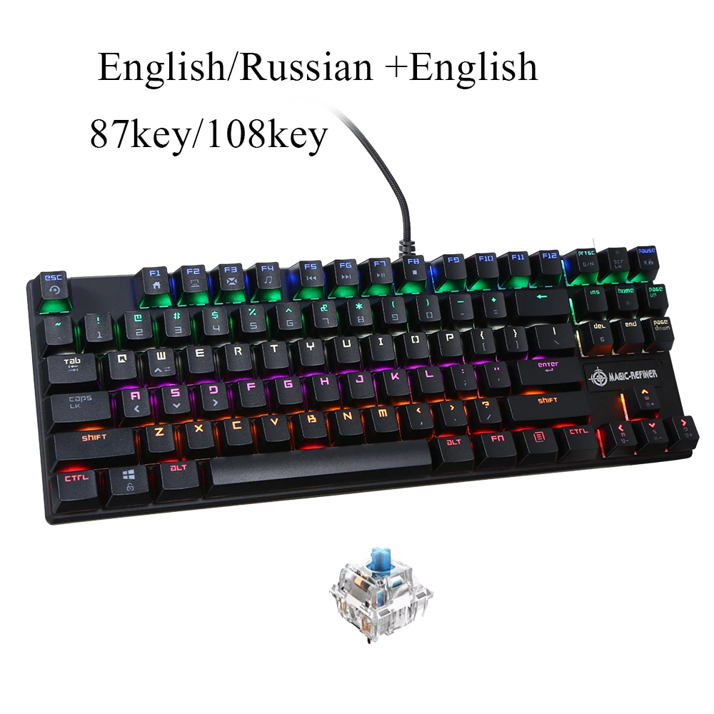 Игровая клавиатура, имитация механической клавиатуры, 87/108 клавиш, USB кабель, синий переключатель, подсветка, русская геймерская клавиатура для компьютера