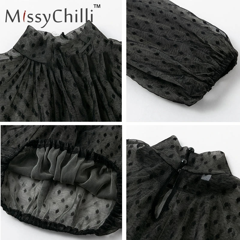 Женский укороченный топ в горошек MissyChilli винтажный сетчатый с длинным рукавом и