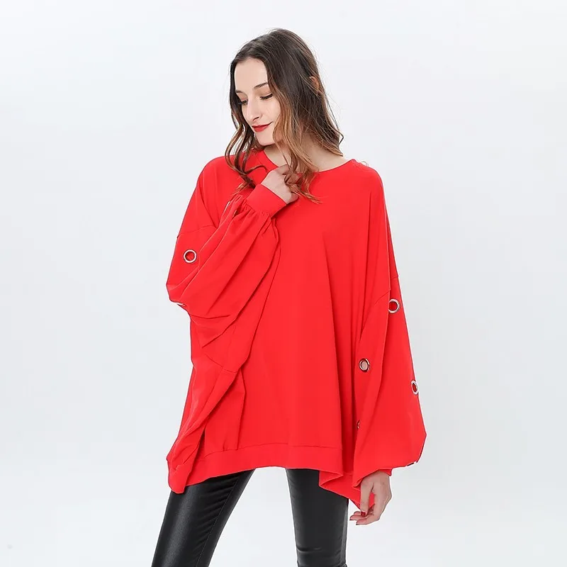 Red TWOTWINSTYLE, Женский пуловер с дырками, с круглым вырезом, с рукавом-фонариком, необычный, большой размер, Черная Толстовка для женщин,, весенняя одежда в стиле Харадзюку - Цвет: Red