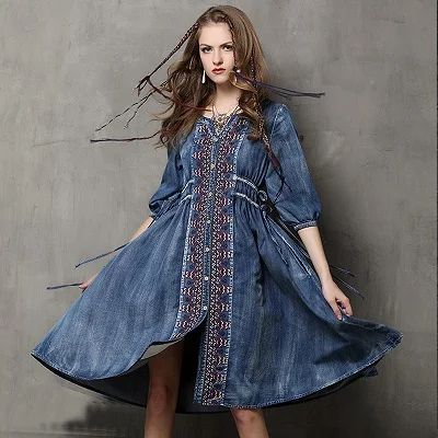 Платье Трапециевидный Винтажный Половина Лето, Стиль Vestidos Yuzi хлопок рукав с v-образным вырезом все-матч кулиска без тары женщины A6533 - Цвет: Blue