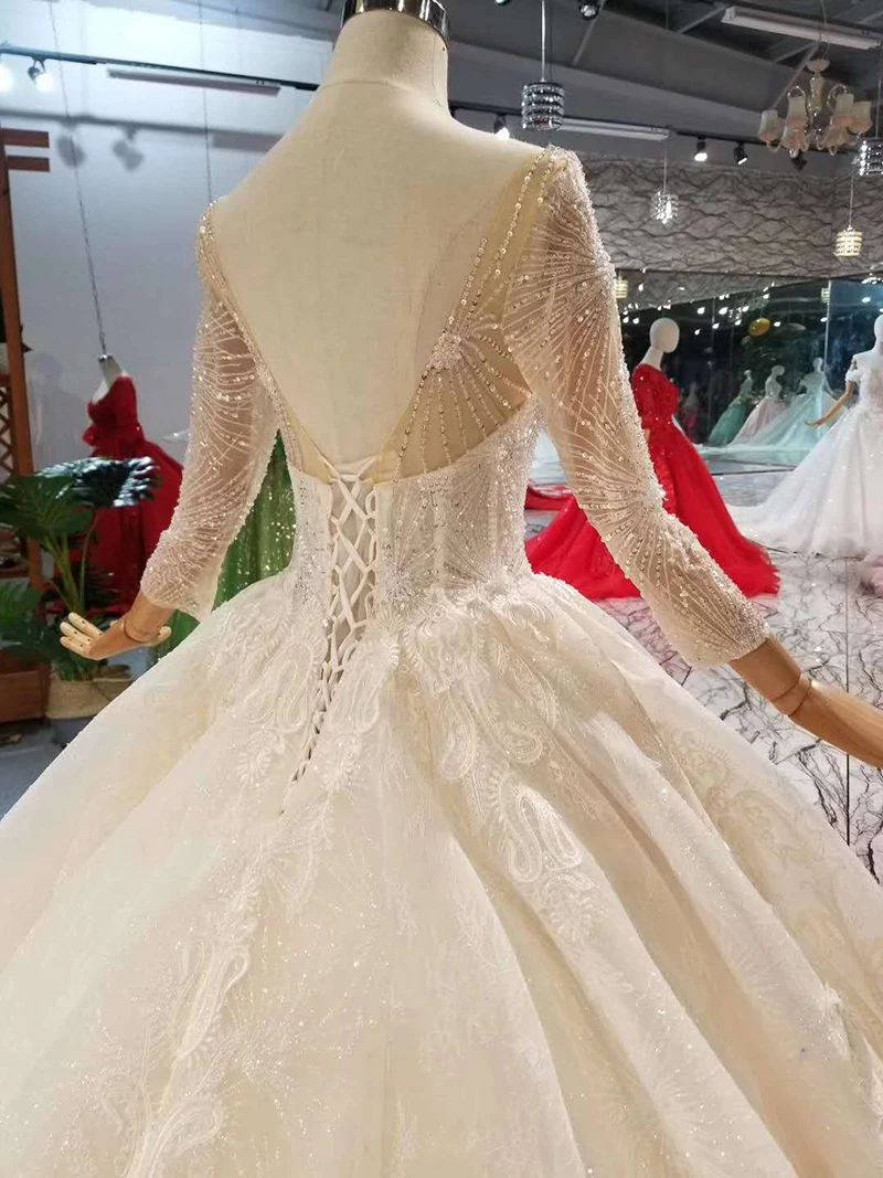 

LSS148 square neck shiny wedding dress luxury long tulle sleeve open v-back light champagne wedding gown nikah elbisesi