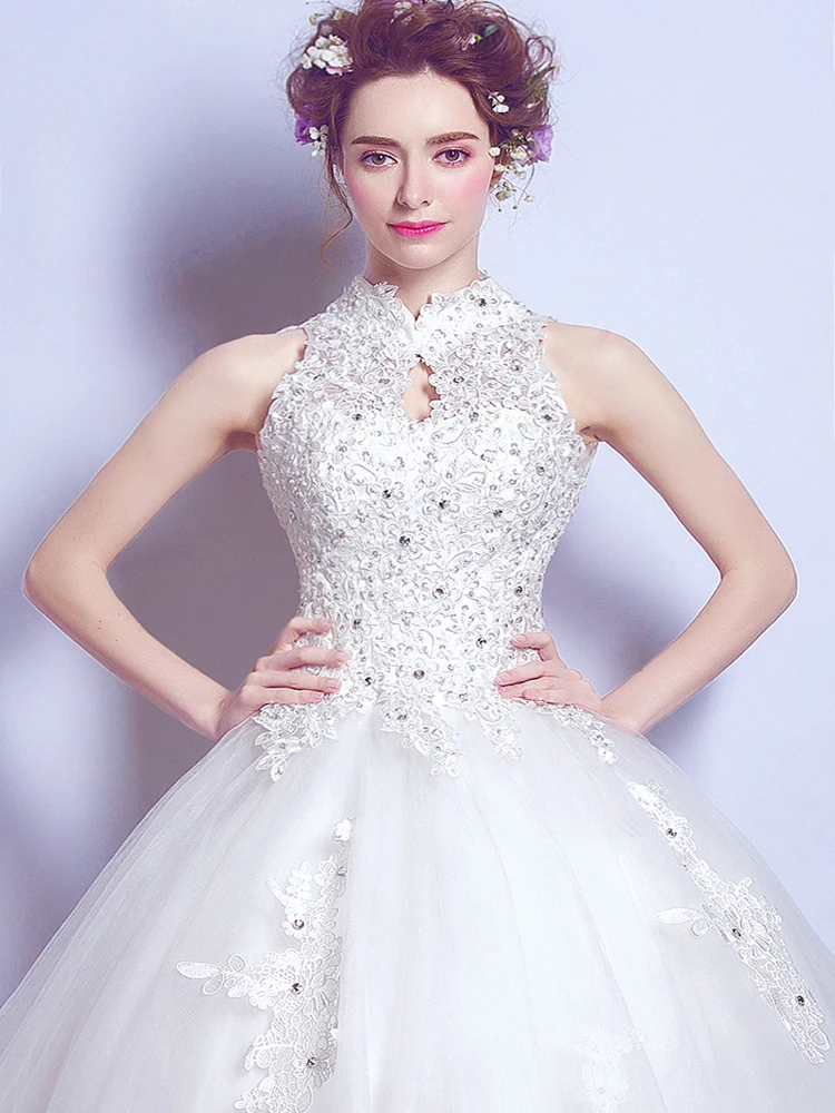 

AXJFU Luxury sexy lace beaded halter princess wedding dress Slim Princess Bride wedding dress 2517