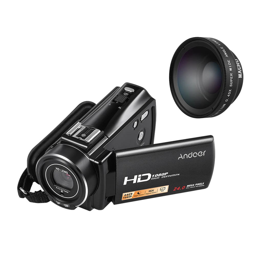 Andoer HDV-V7 PLUS 1080 P Full HD 24MP Портативная Цифровая видеокамера пульт для видеокамеры управления+ 0.45X Широкоугольный объектив 16X зум