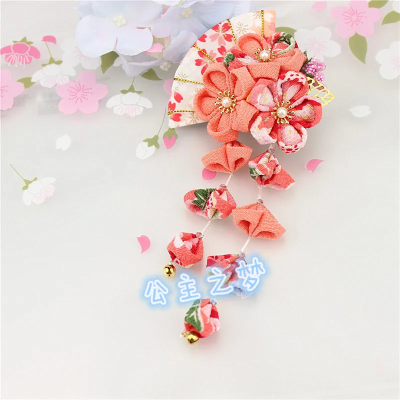 Японский стиль tsuami Kanzashi Розовый Красный кисточки Цветок сакуры веер кимоно аксессуар ручной работы заколка для волос HW002