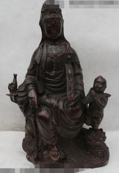YM 320 12&quot Lucky Chinese Fengshui Bronze Kwan-yin Guan Yin Goddess Bring Kid Boy Statue | Дом и сад
