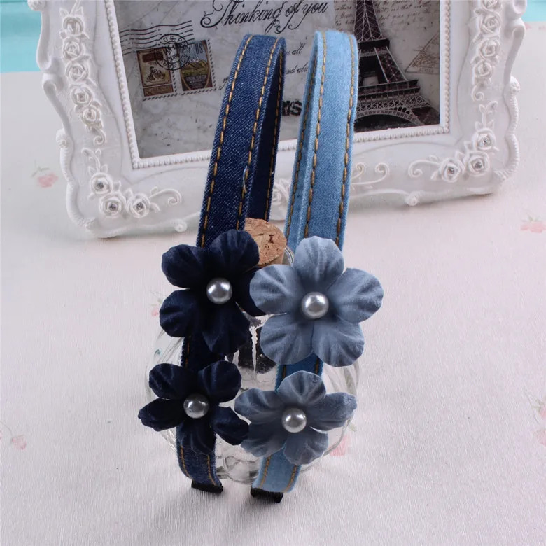Korean children hair accessories flower kids headband denim hairpin beads rhinestone stone hoop small fresh headwear | Детская одежда и