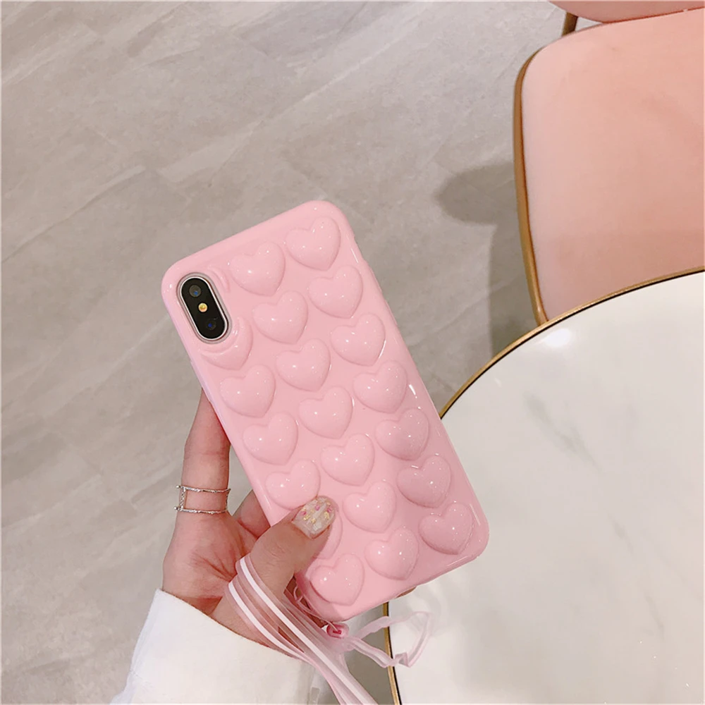 3D Love Heart Phone Case For iPhone X XS MAX XR Cartoon Cases 7 8 6 6S Plus Soft TPU Protection Cover With Lanyard |