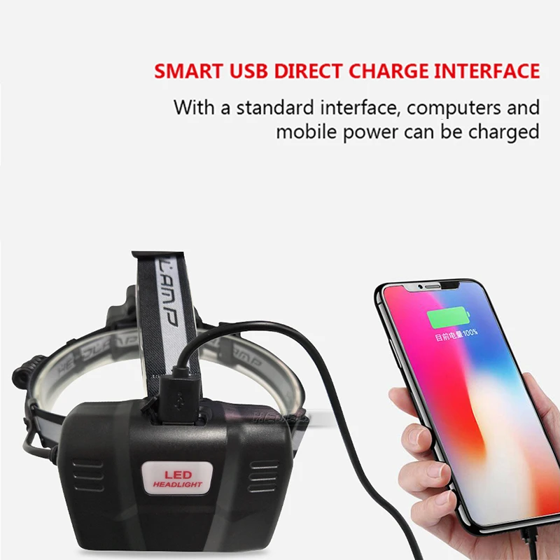 Мобильная электрическая фара Micro USB Головной фонарь повышенной яркости 18650 xml t6 9LED