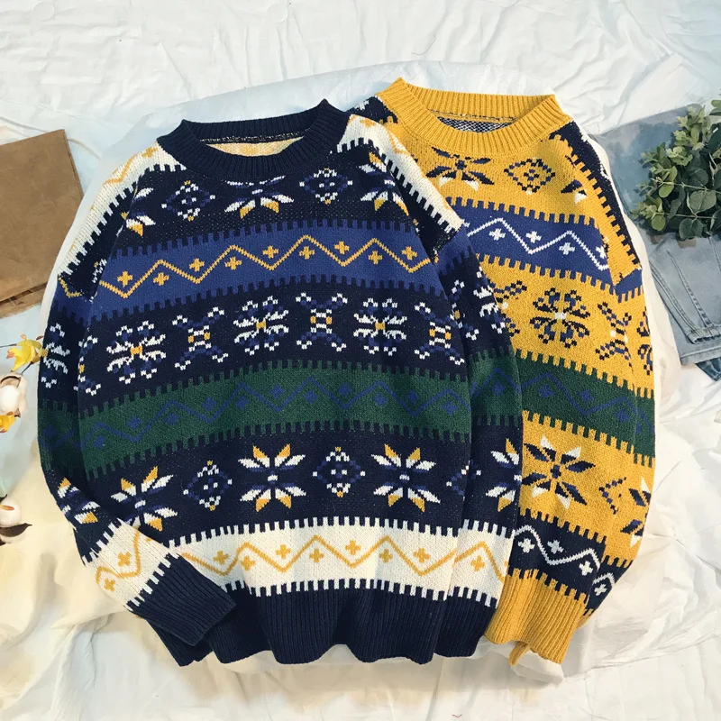 2020 Vintage Sweater Women Oversized Long Sleeve Loose O-Neck Knitted White Geometric Pattern Embroidery Sweaters Female | Женская