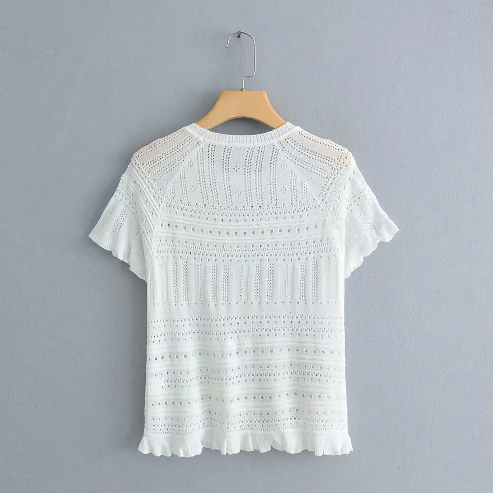 2019 women fashion black white color hollow out casual knitting blouse shirts ruffles chemise chic femininas tops |