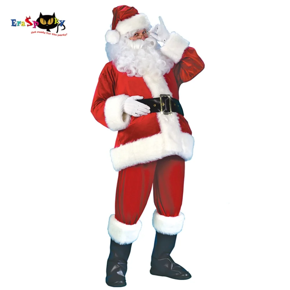 

Eraspooky Christmas Costume Men Santa Claus Costume Thickness Christmas Clothing Full Set Coat Pants Belt Glove Boot 5 pcs Set