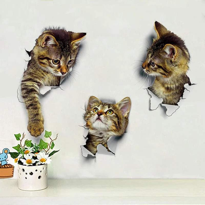 

3D Cats Wall Sticker Hole View Bathroom Living Room Decoration Home Decor Animal Vinyl Decals Art Poster Cute Toilet Stickers