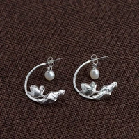 s925 silver pull silk crafts wholesale silver inlaid pearl earring female lotus contracted and pure and fresh