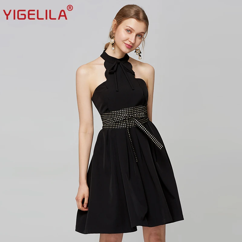 YIGELILA модное женское черное платье с лямкой на шее однотонное приталенное