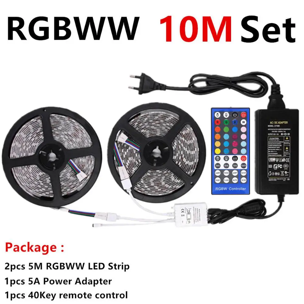 10M RGBWW Set 5050 RGB Светодиодная лента Водонепроницаемая DC 12 В 5 м RGBW RGBWW Светодиодная лента s светильник гибкий с питанием 3 А и дистанционным управлением - Испускаемый цвет: 10M RGBWW Set
