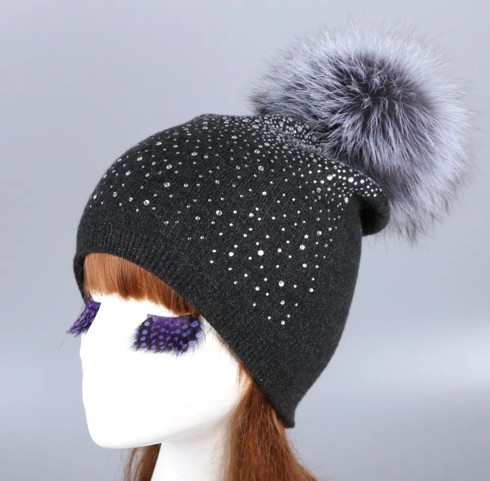 Оптовая продажа женская модная шерстяная зимняя шапка с лиса норка помпон