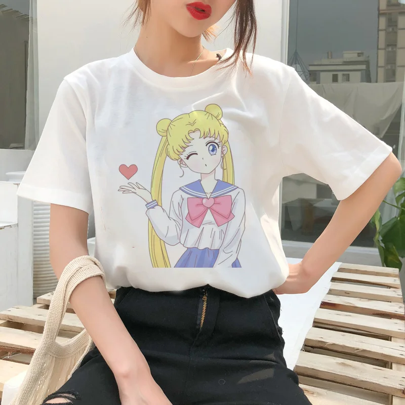 Сейлор Мун летняя модная футболка Женская Harajuku Веселая футболка милый кот футболка Мультфильм Ulzzang футболки kawaii одежда