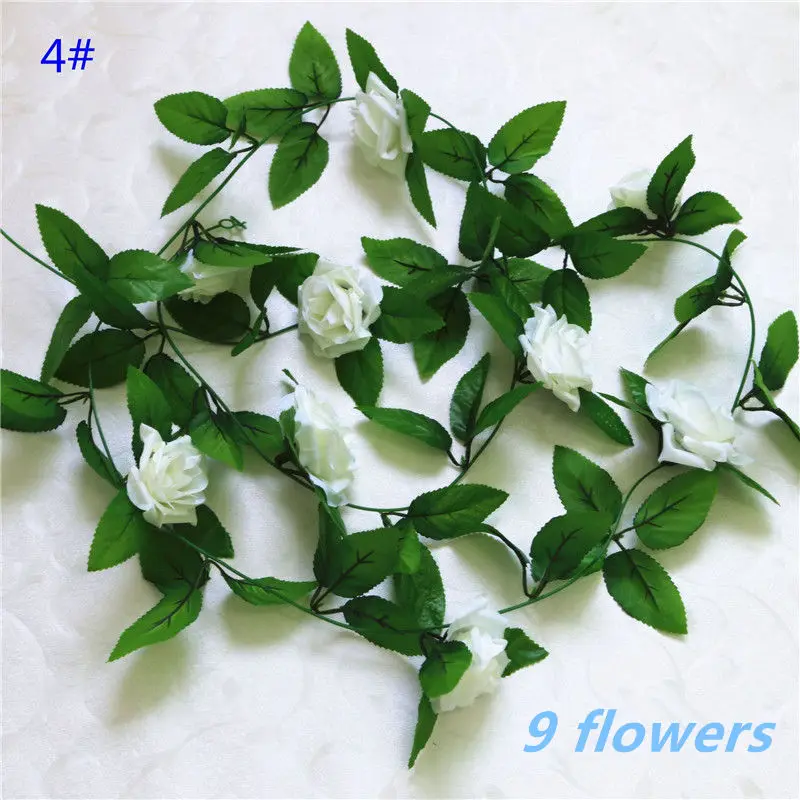 4 Off White-9 flower 1pcs/lot 230-250cm Artificial Flowers Silk Roses Ivy Vine diy with Green Leaves Fake leaf artificial flowers for home decoration - Цвет: 4 Off White-9 flower