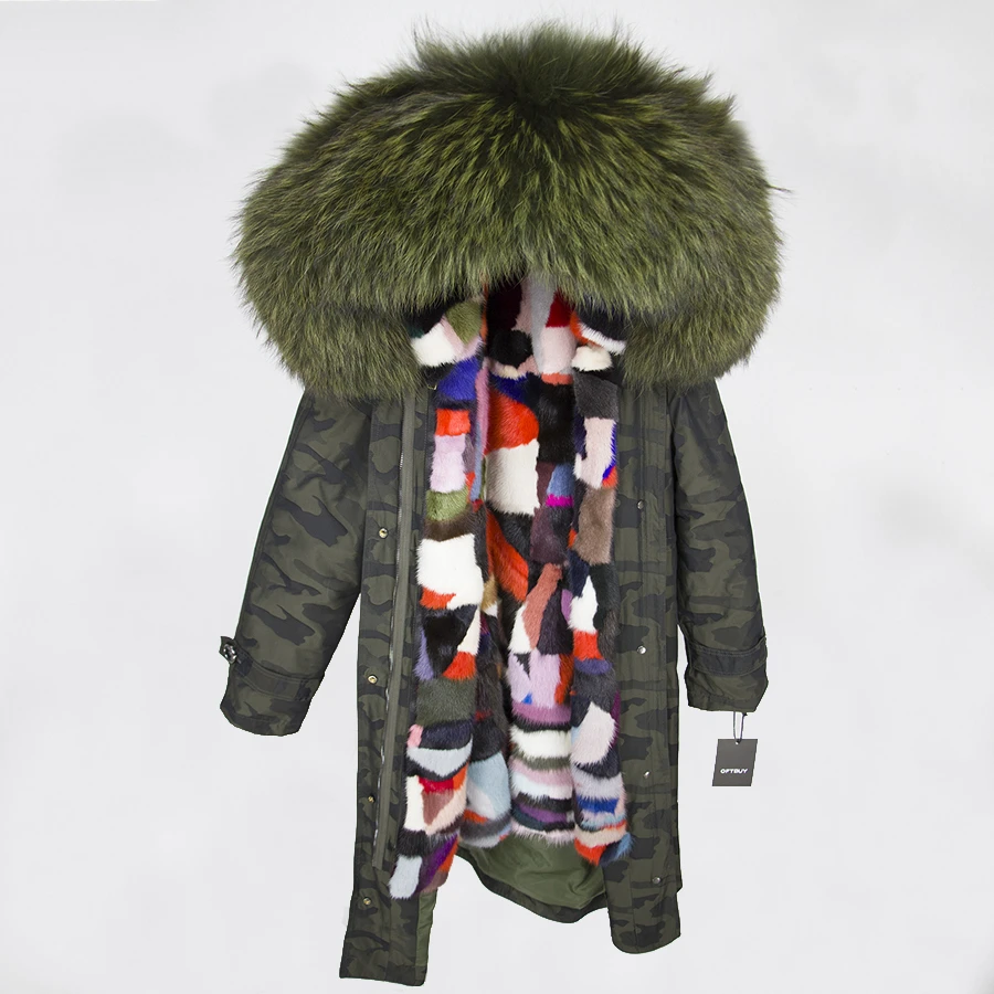 green Camouflage1 OFTBUY X-длинная Камуфляжная парка, пальто с натуральным мехом, зимняя женская куртка, большой воротник из натурального меха енота, капюшон, подкладка из натурального меха норки - Цвет: green Camouflage1