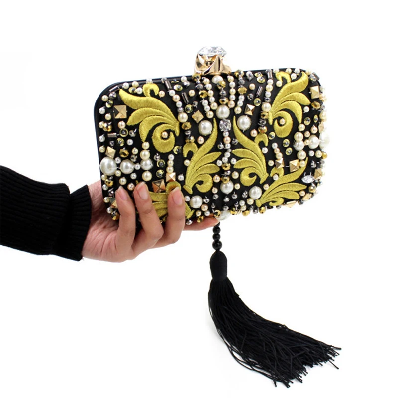 2018 Вечерняя сумочка жемчужного бусины бриллианты с вышивкой золотого черными