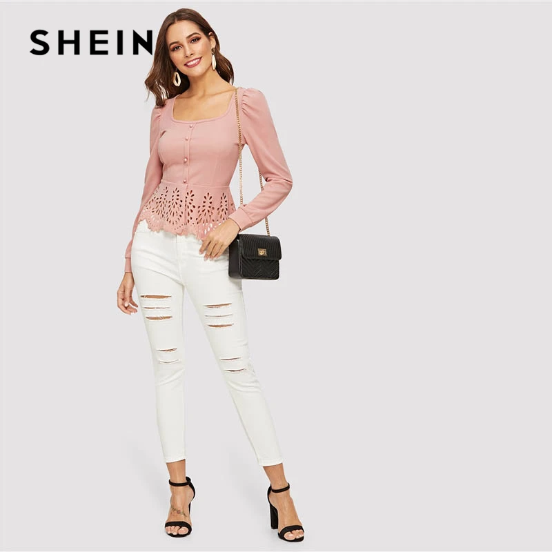 SHEIN блуза на пуговицах с квадратным воротником и баской, с пышными рукавами, Женские топы и блузки, весенний элегантный облегающий Топ