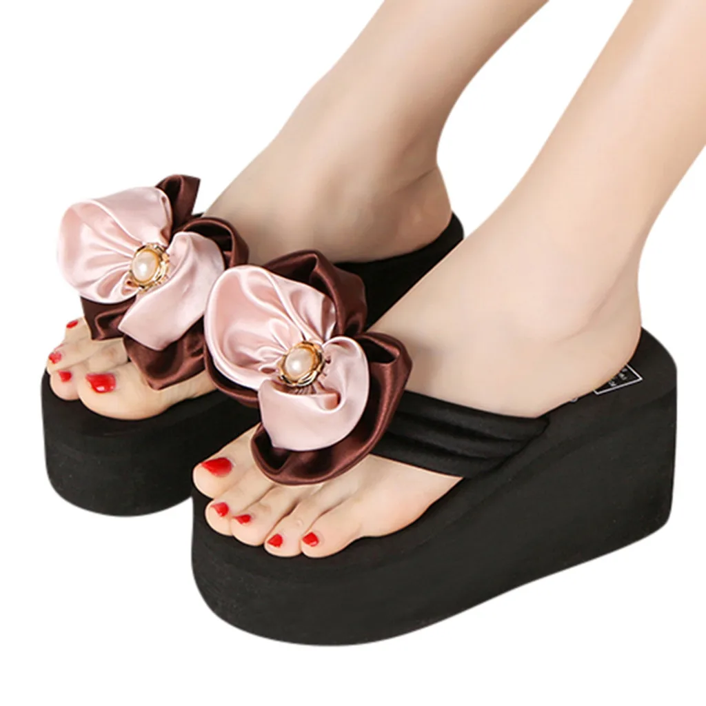 Женские шлепанцы на танкетке с бантом вьетнамки толстой подошве летние легкие