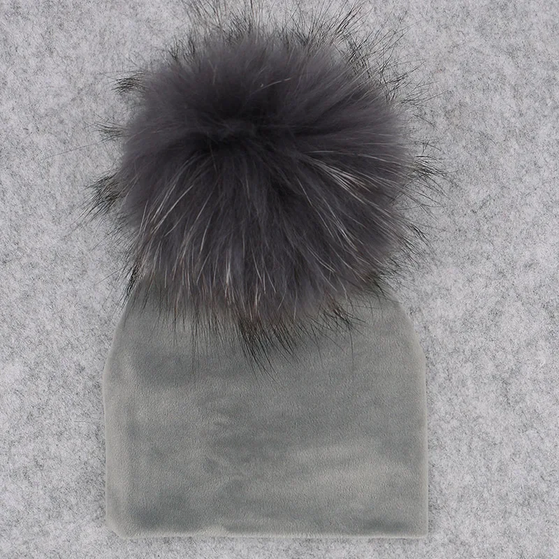 GZHILOVINGL Real Fur Pom Pom Baby Girls Boys Hat Warm Winter Knitted Velvet Hat Toddler Kids Soft Thick Flannel Beanies Pompoms