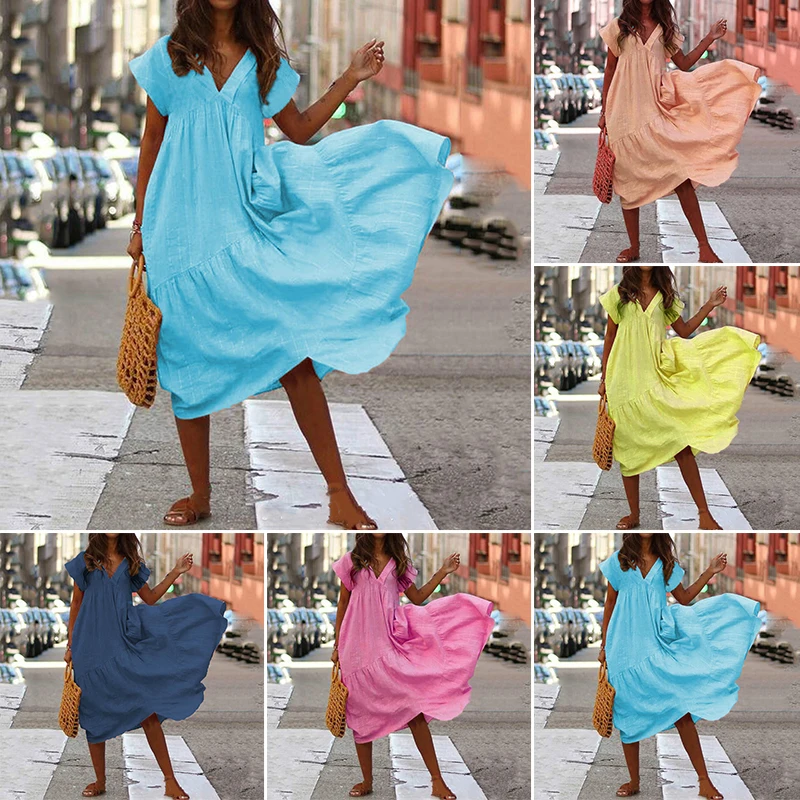 Летние платья для женщин женские свободные повседневные с v образным вырезом и