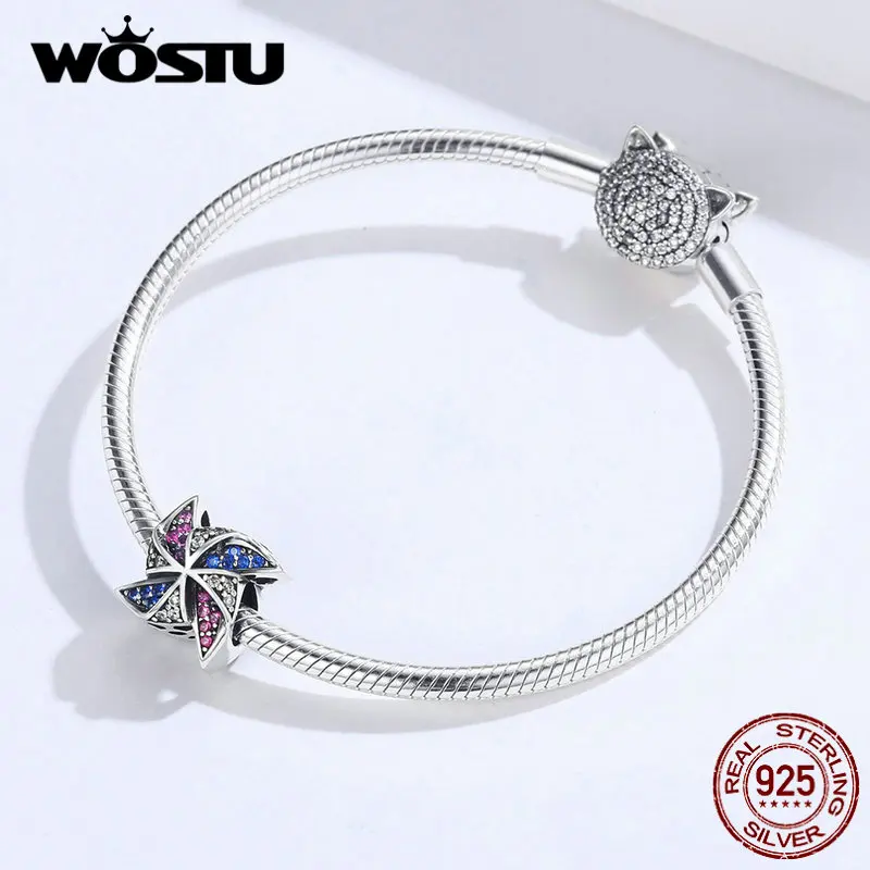 WOSTU мульти-цветная мельница шарика 925 пробы серебро циркон браслеты с подвесками, подходят к оригинальному браслету кулон Для женщин Радужный бижутерия CQC1265