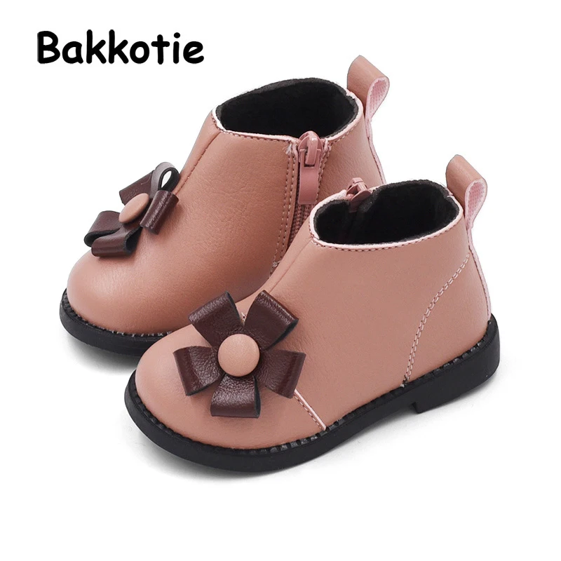 Bakkotie/ г. Зимние новые модные ботинки для маленьких девочек детская черная теплая обувь Брендовые ботильоны с цветочным принтом для детей преддошкольного возраста из кожи ПУ обувь