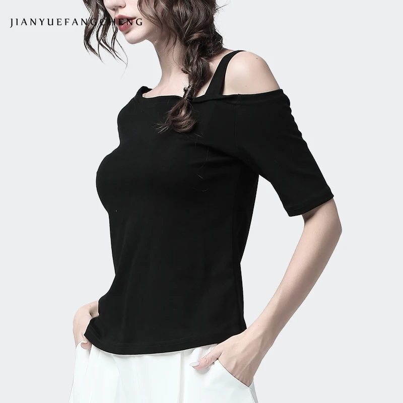 

Black Skew Collar Women Blouse Single Off Shoulder Sexy Sling Top Soft Tight Modal Fiber Women Summer Blouses Free Shipping