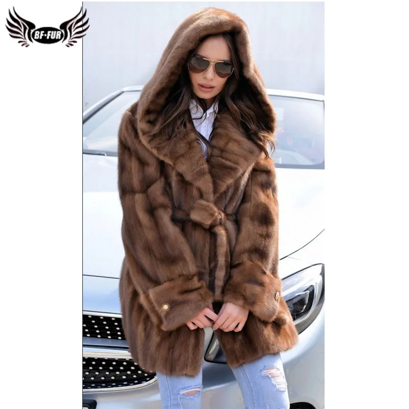 

BFFUR Women Fashion Mink Fur Coat Hooded Luxury Overcoats Winter Genuine Mink Fur Jackets Full pelt Natural Woman Fur Coat Long