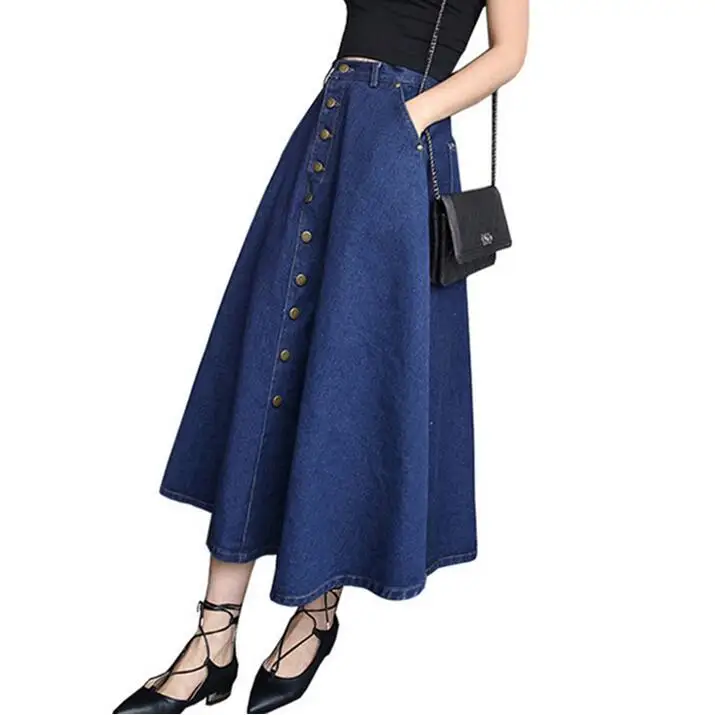 Navy Blue Zebery джинсовая плиссированная юбка с высокой талией Женская одежда джинсовая повседневная юбка с пуговицами для девочек простая - Цвет: Navy Blue
