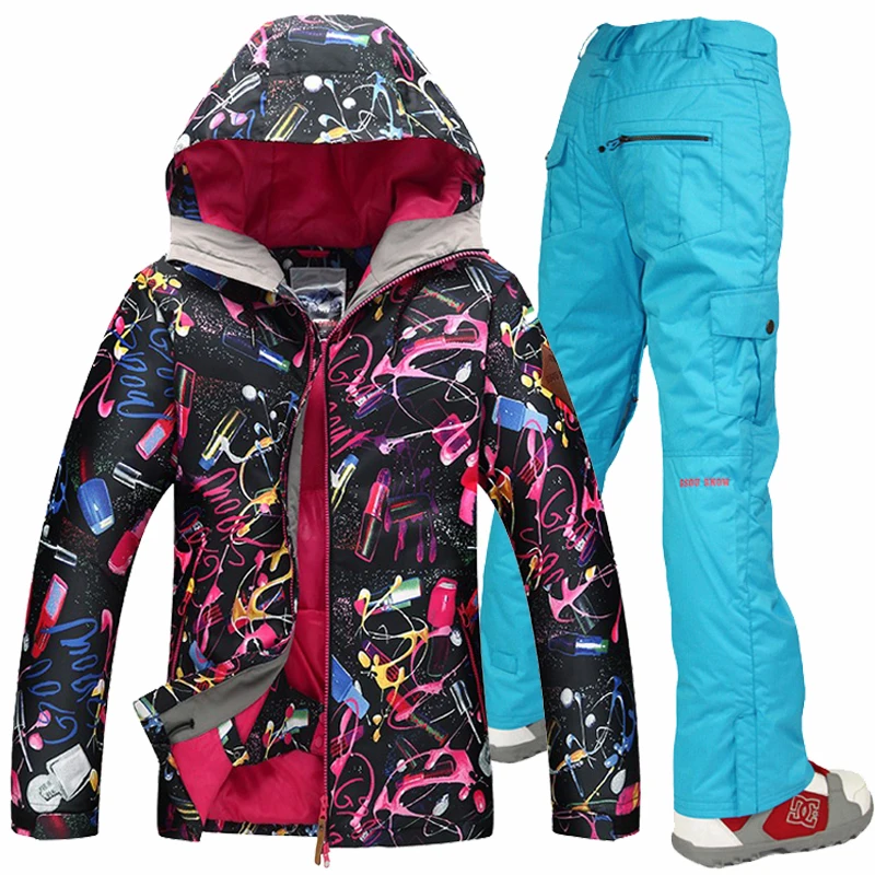 

Free shipping waterproof jacket Gsou snow ski suit set womens snowboard jackets ski suit women skiing set