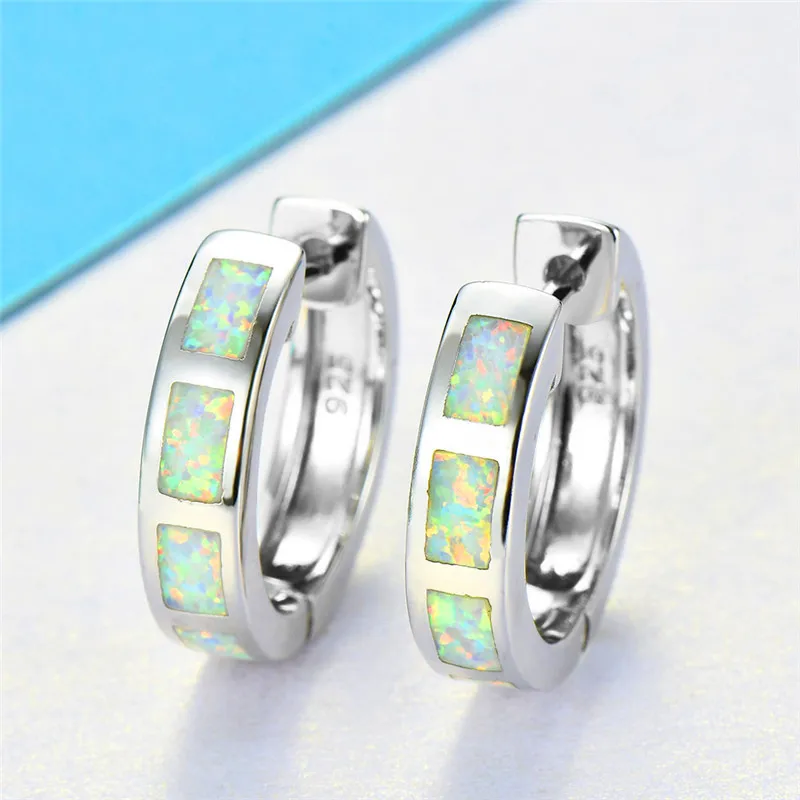 White Opal 925 пробы Серебряный Круглый Серьги Кольца для женщин мужчин сине белые огненный опал серьги женские, мужские свадебные пирсинг украшения подарки - Окраска металла: White Opal