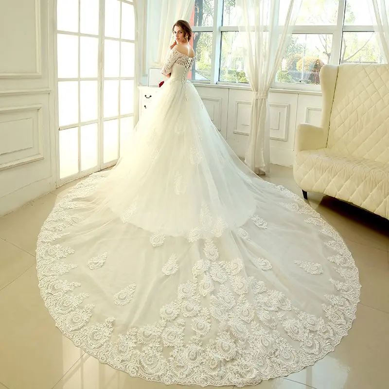 

Luxury Lace Appliques Wedding Dresses 100cm Long Train Boat Neck Elegant Plus size Vestido De Noiva Bridal Gowns