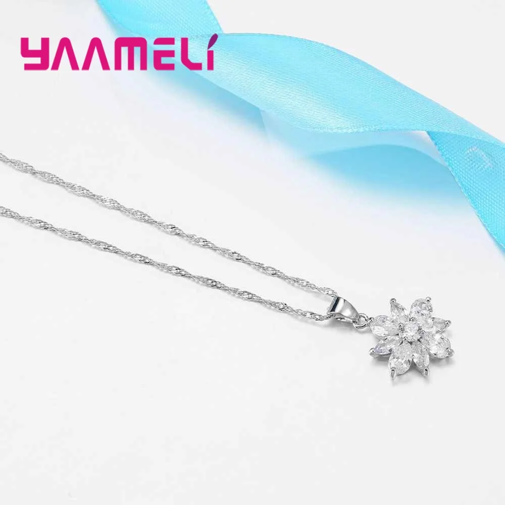 

Luxury 925 Sterling Silver Engagement Sets For Women Female Party Jewelry Set Necklace Earrings Flowers Cubic Zircon