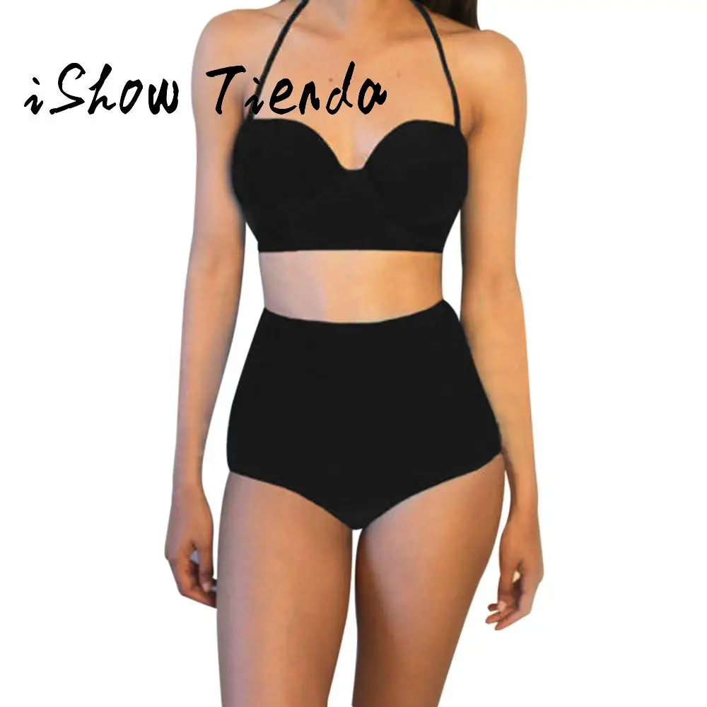 2018 летний сексуальный Однотонный черный женский винтажный комплект бикини с