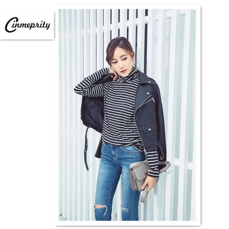 Для женщин Футболки для с длинным рукавом полосатый рисунок водолазка